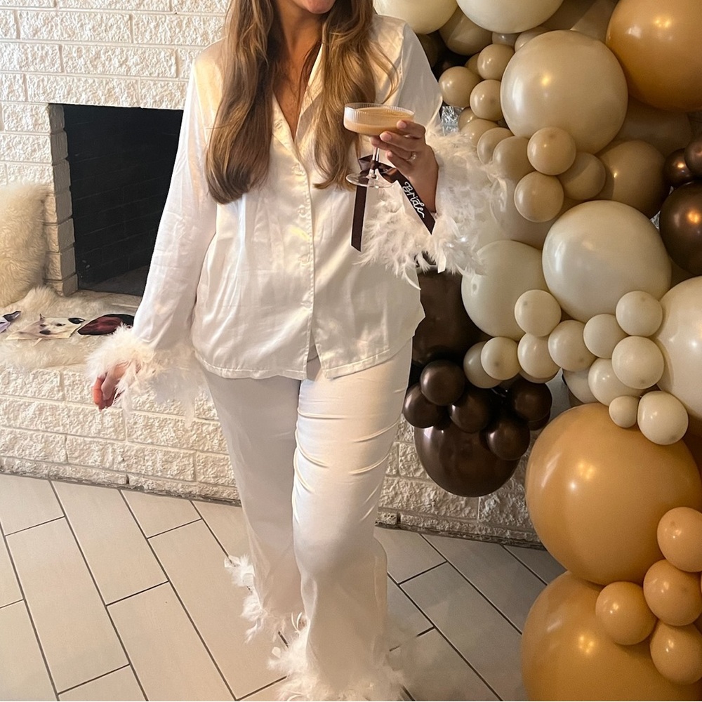 White button down long sleeve/pant silk pajamas with feathers